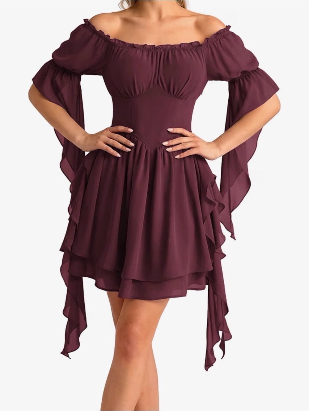 Off-Shoulder Ruffle Mini Dress in Plum